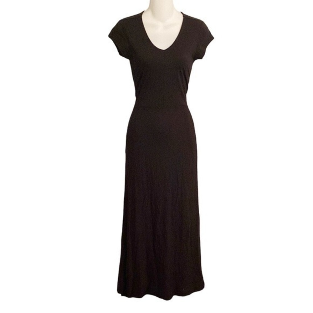 Peruvian Connection black v-neck tshirt jersey pocketed midi dress Small S